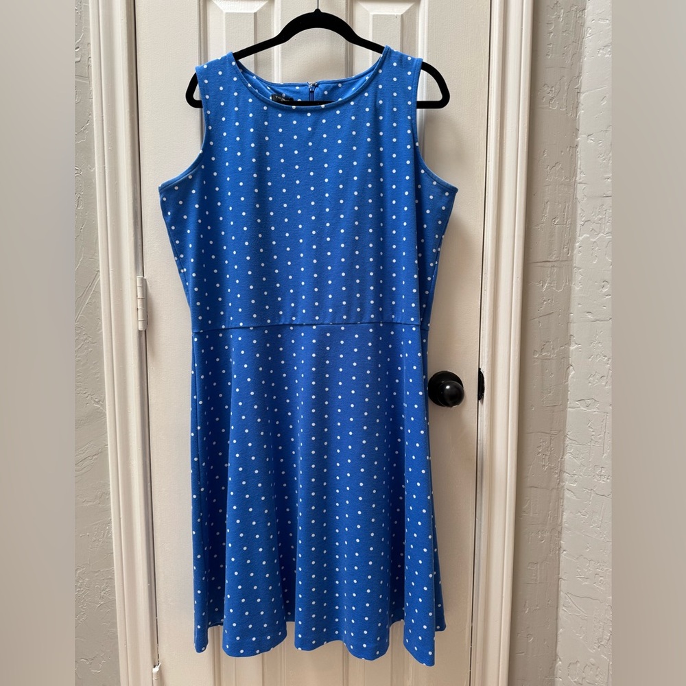 1X Talbots Fit and Flare Dress, Blue with White Polka Dots